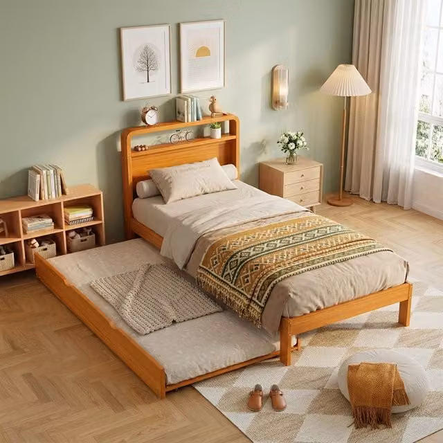 Letto singolo 90x200 cm con letto estraibile 90x190 cm; legno di pino naturale; montaggio destro o sinistro