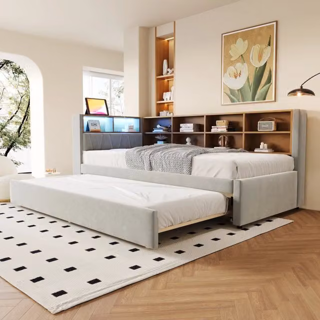 Divano letto multifunzionale WISHDOR grigio con letto estraibile, luci LED, porte USB e vani contenitore, L/P/H: 200 x 90 x 103 cm