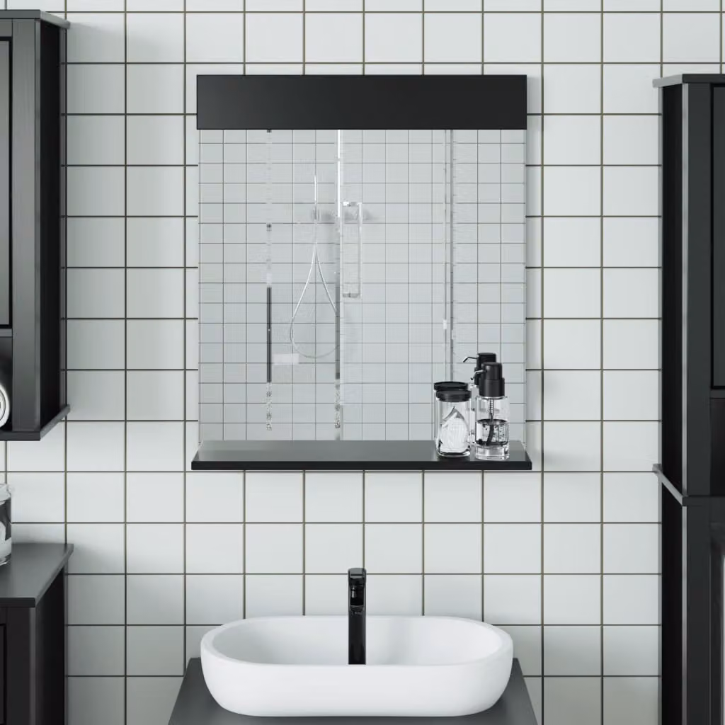 Specchio da bagno con ripiano vidaXL BERG in legno massello di pino e vetro, colore nero, L: 60 cm, P: 12 cm, H: 70 cm