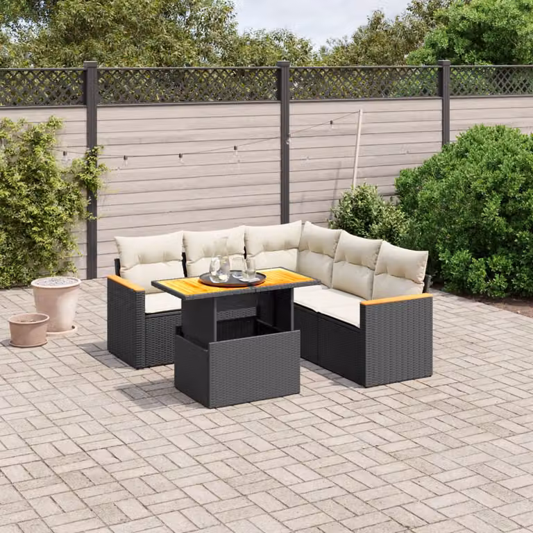 vidaXL Set Divano da Giardino a L in Polyrattan Nero con Cuscini e Tavolino da 6 Pezzi