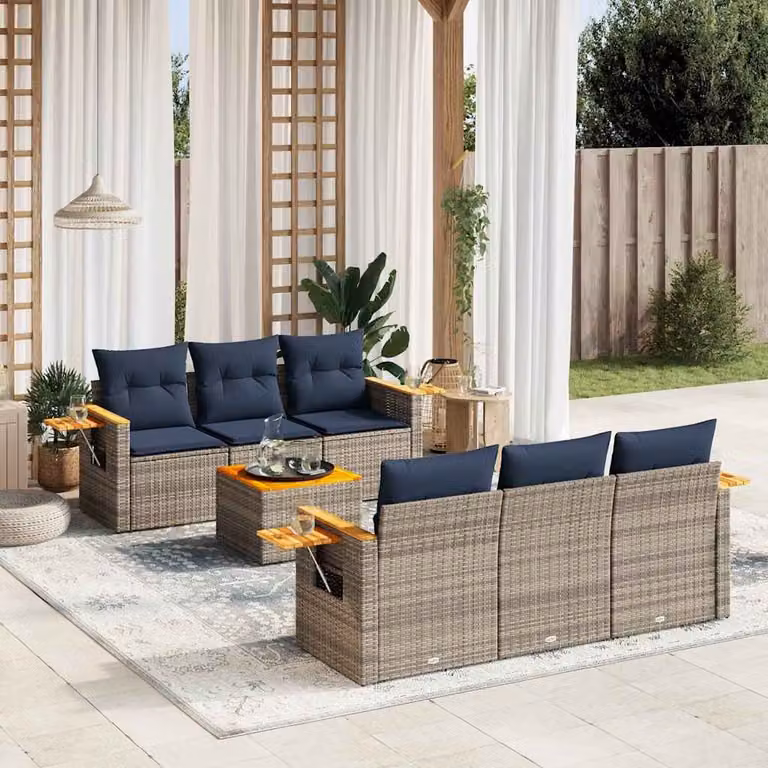 Set di divani da giardino vidaXL in 7 pezzi in polyrattan grigio con cuscini imbottiti e tavolino da caffè