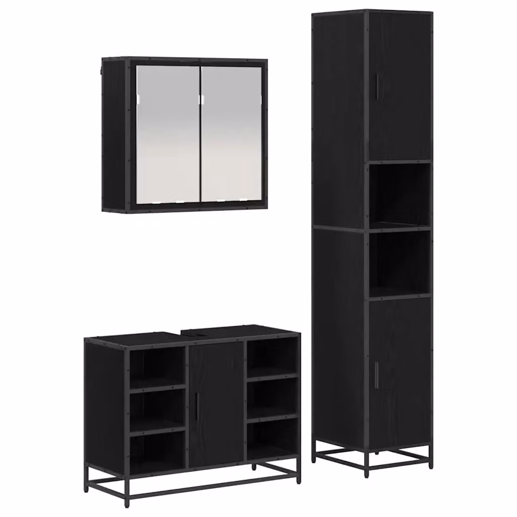 Set di mobili per il bagno moderno vidaXL in 3 pezzi nero e rovere con armadietto a specchio, mobile lavabo e pensile sospeso – 2