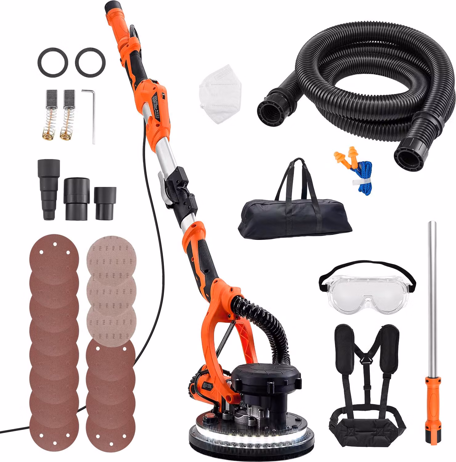 SucceBuy Levigatrice per cartongesso 1150 W, levigatrice a muro con piatto di levigatura da 255 mm, levigatrice per soffitti con aspirazione della polvere, 5 velocità regolabili 800-1700 giri/min, illuminazione a LED, impugnatura estraibile, 15 dischi abr