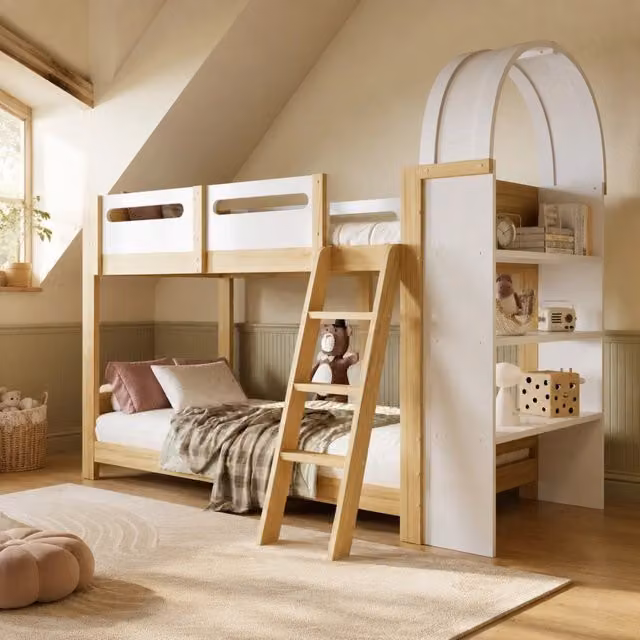 Etagenbett per bambini 90x200 cm con scaffale a 3 livelli; scala a 3 gradini; bianco e naturale