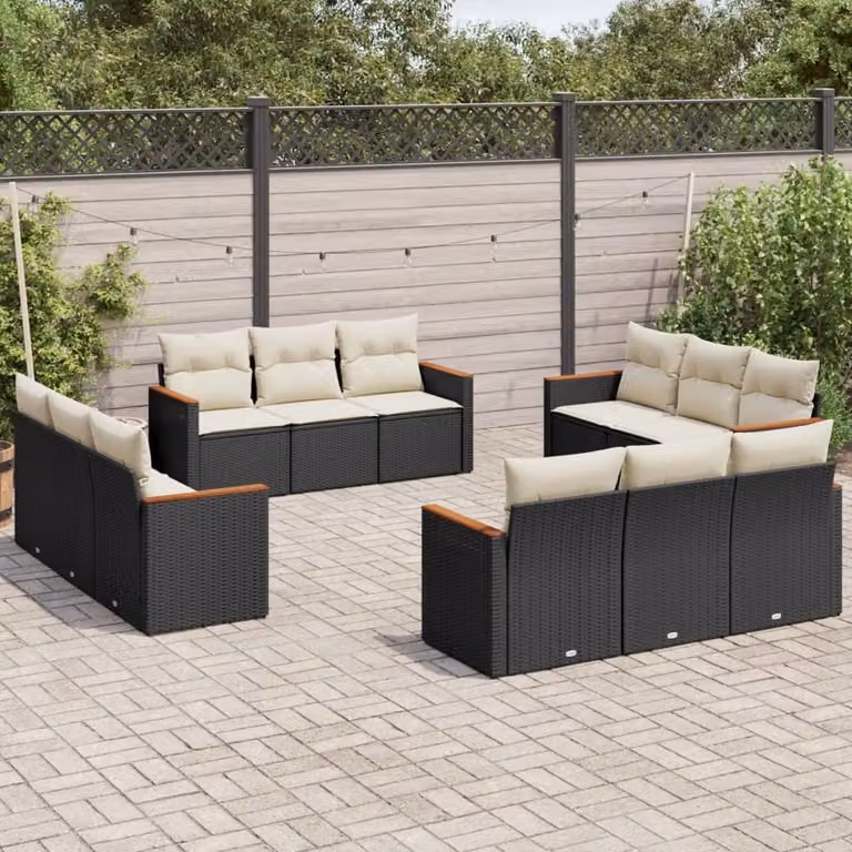vidaXL Set Divani da Giardino a Forma di U con Cuscini, 12 Pezzi in Polyrattan Nero e Legno di Acacia