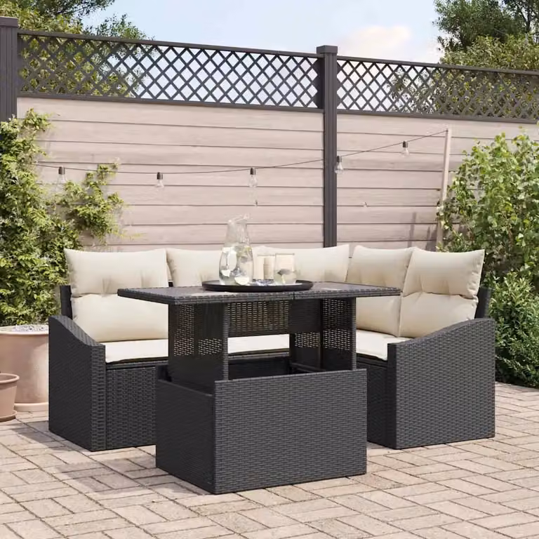 vidaXL Set Divano da Giardino a L in 5 Pezzi con Cuscini Nero e Beige