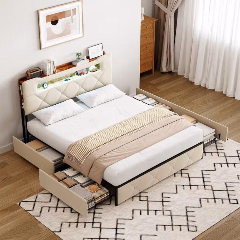 Letto a cassetti ProximaX Beige 140×190 cm - Con rivestimento in morbido tessuto, illuminazione a LED, connessione USB e 4 cassetti sotto il letto