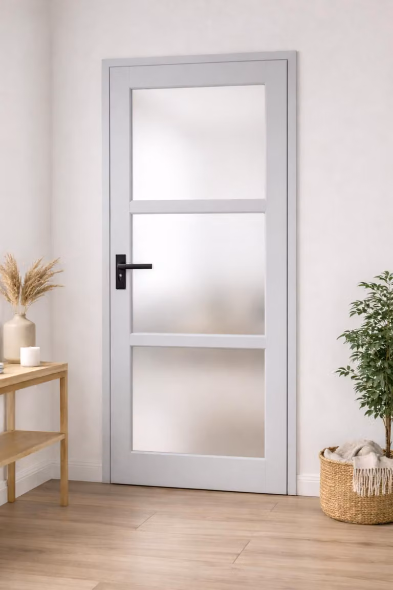 Bloc Porta Greyria Grigio Chiaro Vetrata H204 x L83 cm, lato tavolo P. destro, maniglia Gd Menuserie