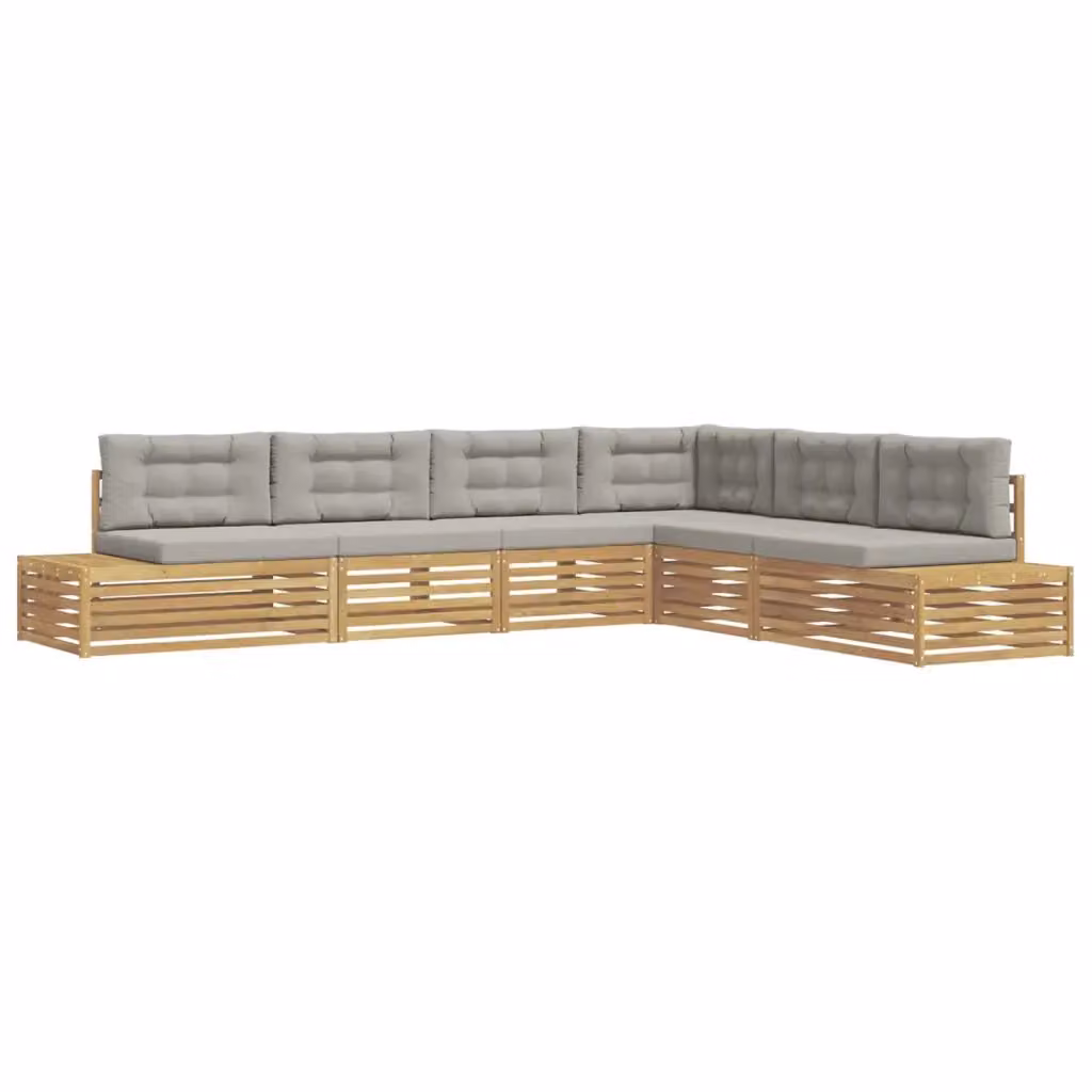 Set di divani da esterno a L vidaXL in legno di acacia con cuscini bianchi e grigi – 2