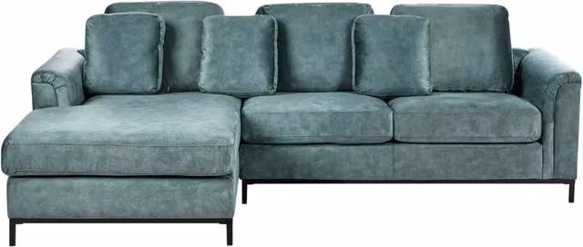 Divano ad angolo a forma di L BELIANI in velluto blu con cuscini coordinati e seduta in schiuma, stile moderno per il tuo soggiorno