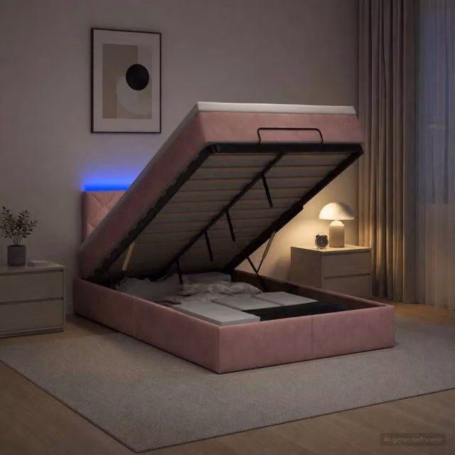Letto Ottomano vidaXL in Velluto Rosa e Bianco con Materasso Ibrido, Illuminazione LED Sottostante e Porte USB, L/P/H: 200 x 120 x 88 cm