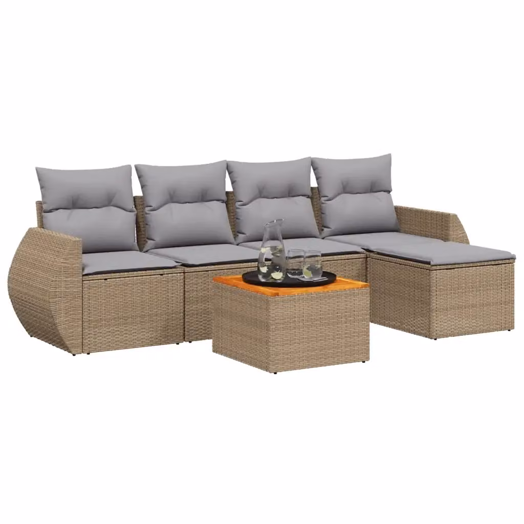 vidaXL Set Divano da Giardino a L in Polyrattan Beige con Cuscini e Tavolino da 6 Pezzi – 2