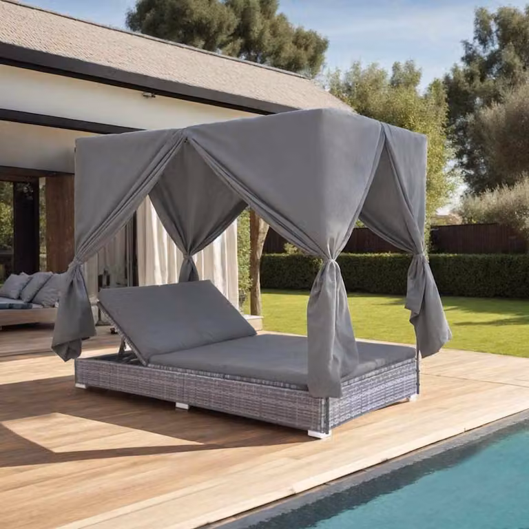 vidaXL Lettino Prendisole con Tenda in Polyrattan e Acciaio Grigio L: 197 cm, P: 140 cm, H: 180 cm