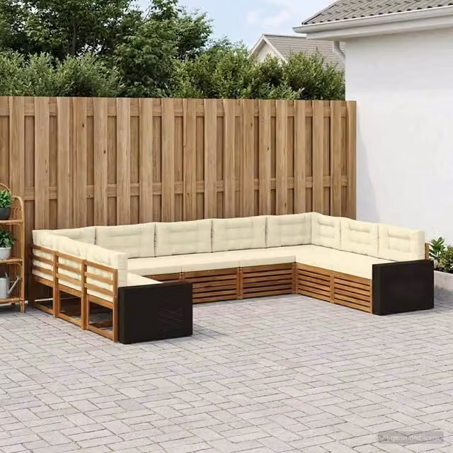 Set di divani da esterno a forma di U vidaXL in legno di acacia con cuscini beige e bianchi