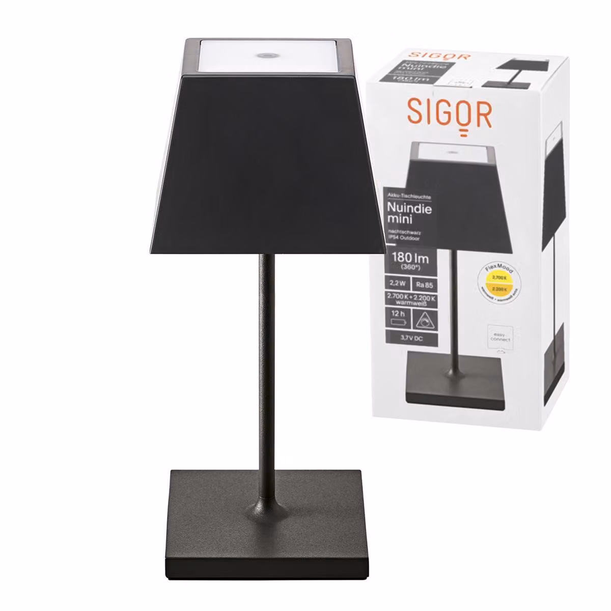 Sigor Nuindie Mini lampada da tavolo ricaricabile IP54 alluminio Easy Connect nero angolare