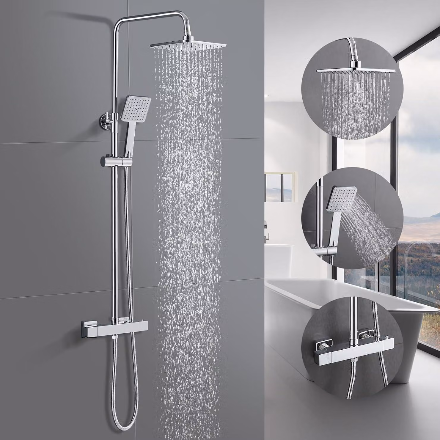 Rubinetto doccia termostatico con barra di supporto - Doccia a pioggia da 25 cm - Ottone cromato