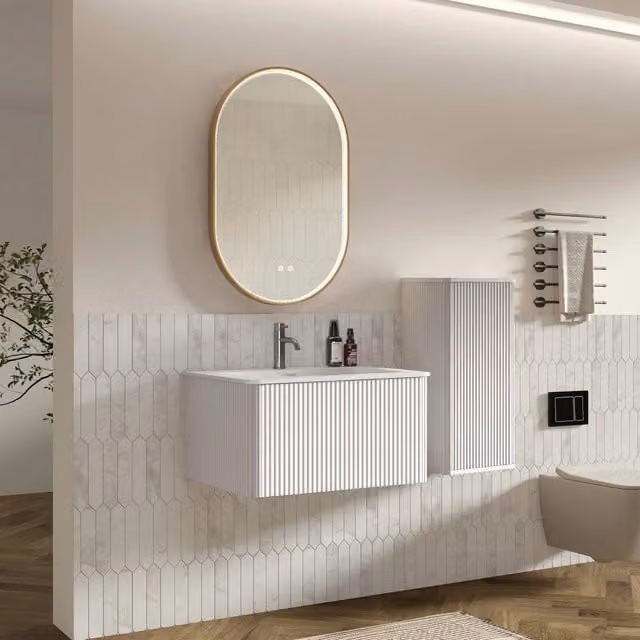 Set mobile bagno sospeso con lavabo, colonna laterale e specchio LED