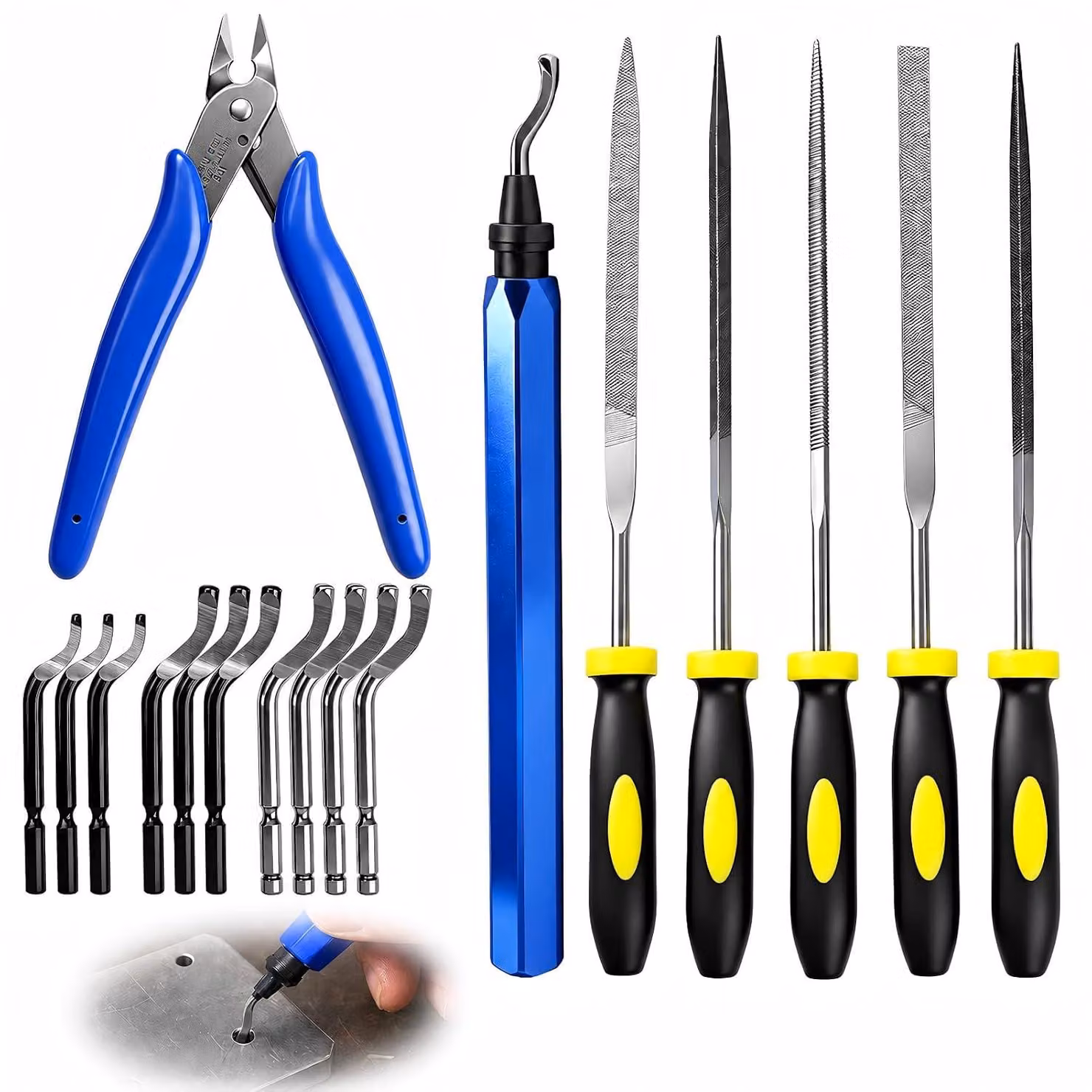 Set di strumenti per la sgrossatura, composto da 10 lame, 5 lime, un tronchesino, ideale per la stampa 3D, la lavorazione di plastica e metallo