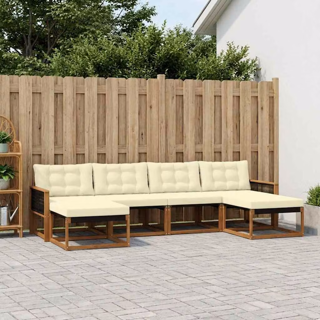 Set di divani da esterno vidaXL a forma di L composto da 6 pezzi in legno di acacia con cuscini in tessuto beige e marrone