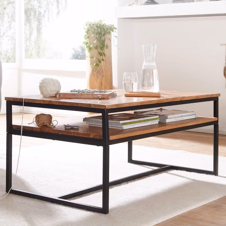 FineBuy Tavolino da caffè in legno massiccio di acacia 100 cm - Tavolo da soggiorno con ripiano e struttura in metallo nero - Tavolo rettangolare dal moderno design loft