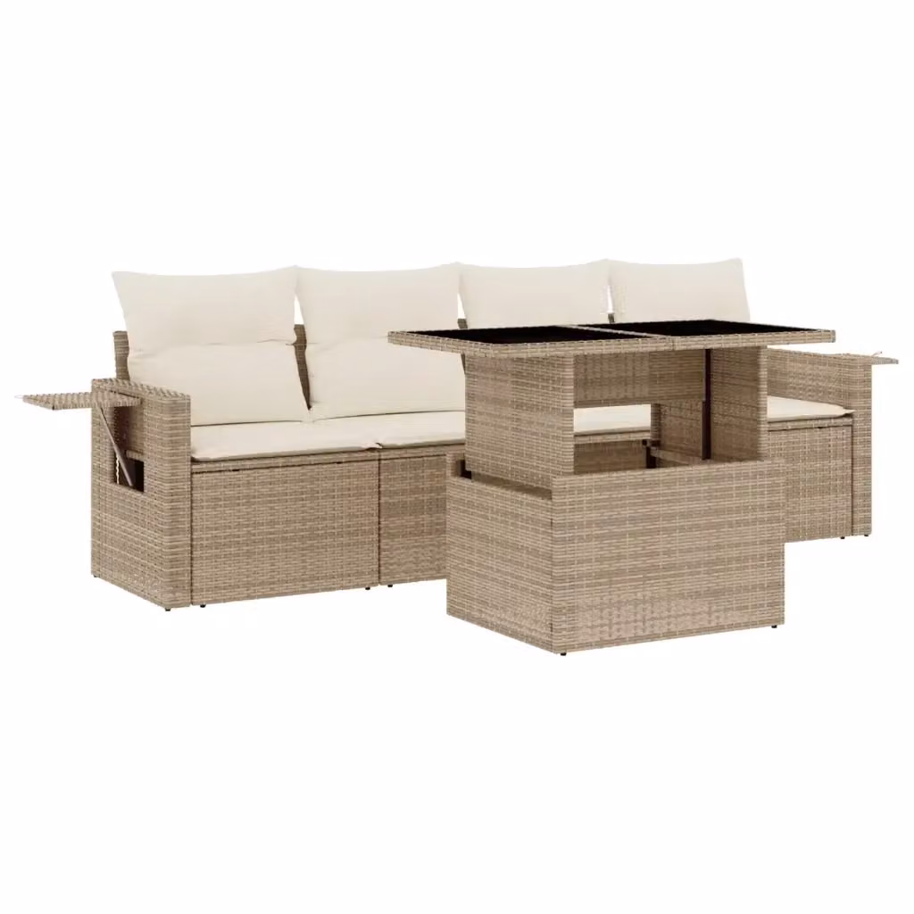 vidaXL Set Divano da Giardino 5 pz in Polyrattan con Cuscini Beige e Tavolino – 2