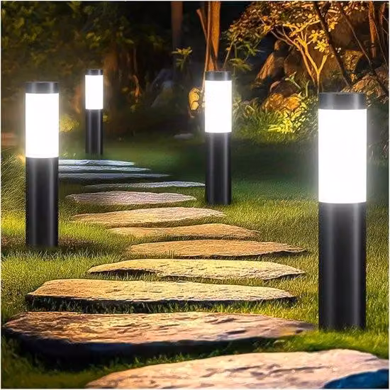 Lampade da giardino a LED a forma di cilindro in acciaio inossidabile, alimentazione solare, versione migliorata, per cortili, spazi esterni e vialetti, bianco-argento, 2 pezzi