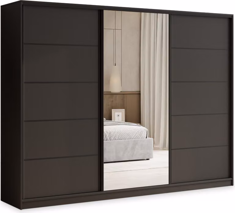 Armadio scorrevole Masseno PINA 270/205/58 cm Armadio con 4 cassetti Armadio da camera da letto a 3 ante con specchio Nero