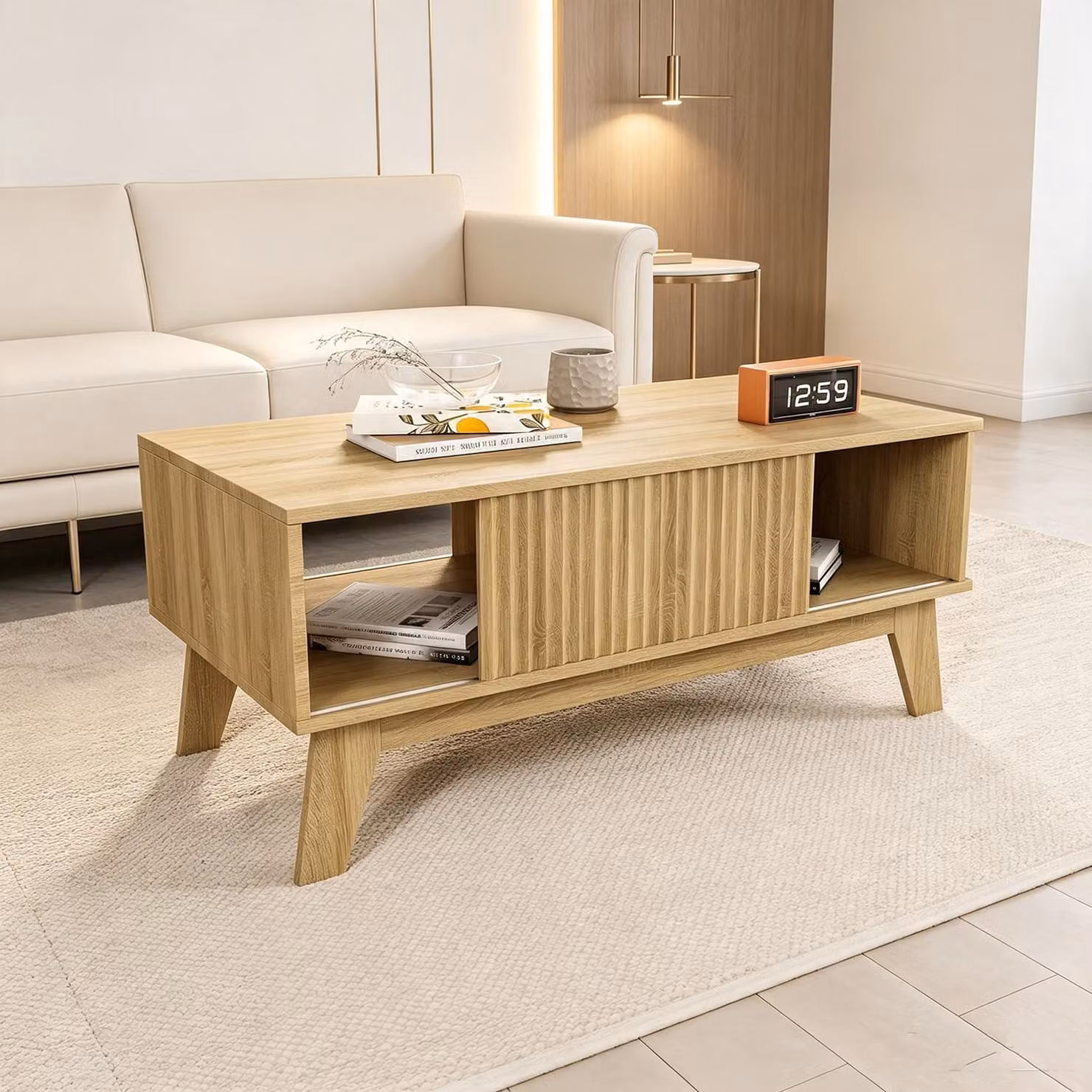 Tavolino da divano INONEFT in legno, design con ante scorrevoli, tavolino da salotto, tavolino ausiliario con spazio contenitivo, forma rettangolare, dimensioni 95 x 48 x 41 cm