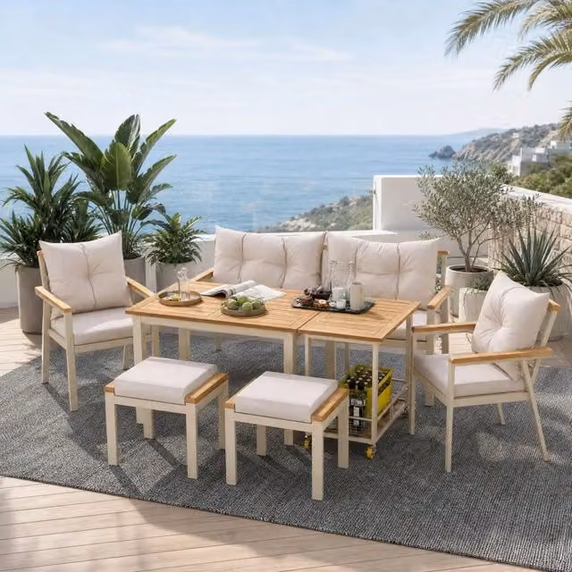 Set da pranzo da giardino per 6-7 persone in legno di acacia e metallo; beige e naturale