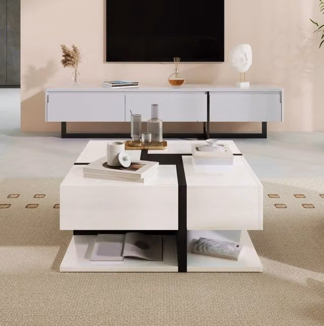 Tavolino da caffè quadrato MODFU bianco lucido con 4 cassetti e ripiano inferiore L: 78 cm, P: 78 cm, H: 36 cm