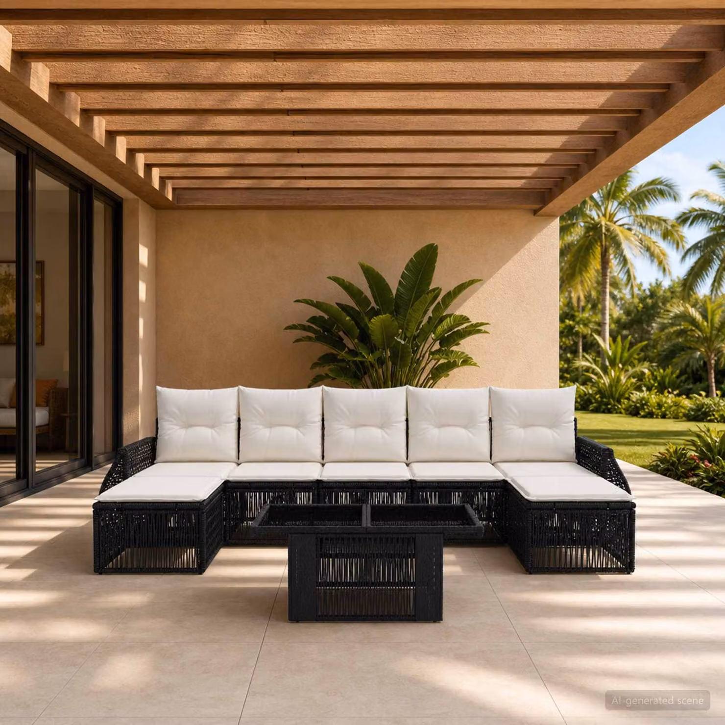 Set Divano da Giardino vidaXL 8 pz in Polyrattan Nero e Bianco Crema con Cuscini e Tavolino