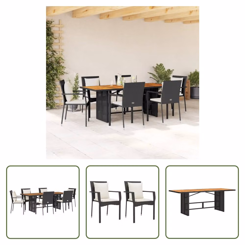 The Living Store Set da pranzo da giardino 7 pezzi con cuscini in polirattan nero