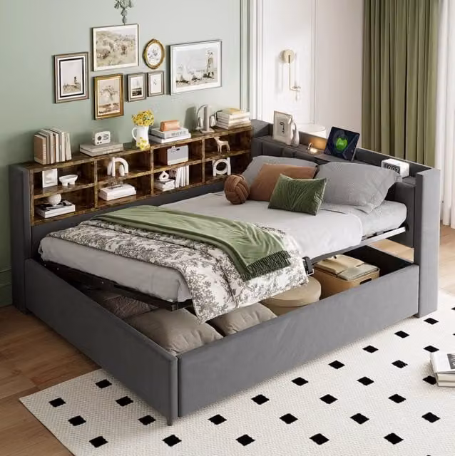 Letto Poltrona Multifunzionale 140x200 cm con Vano Contenitore Idraulico, Luce Notturna, Porte USB e Type-C, Rivestimento in Velluto Grigio Scuro
