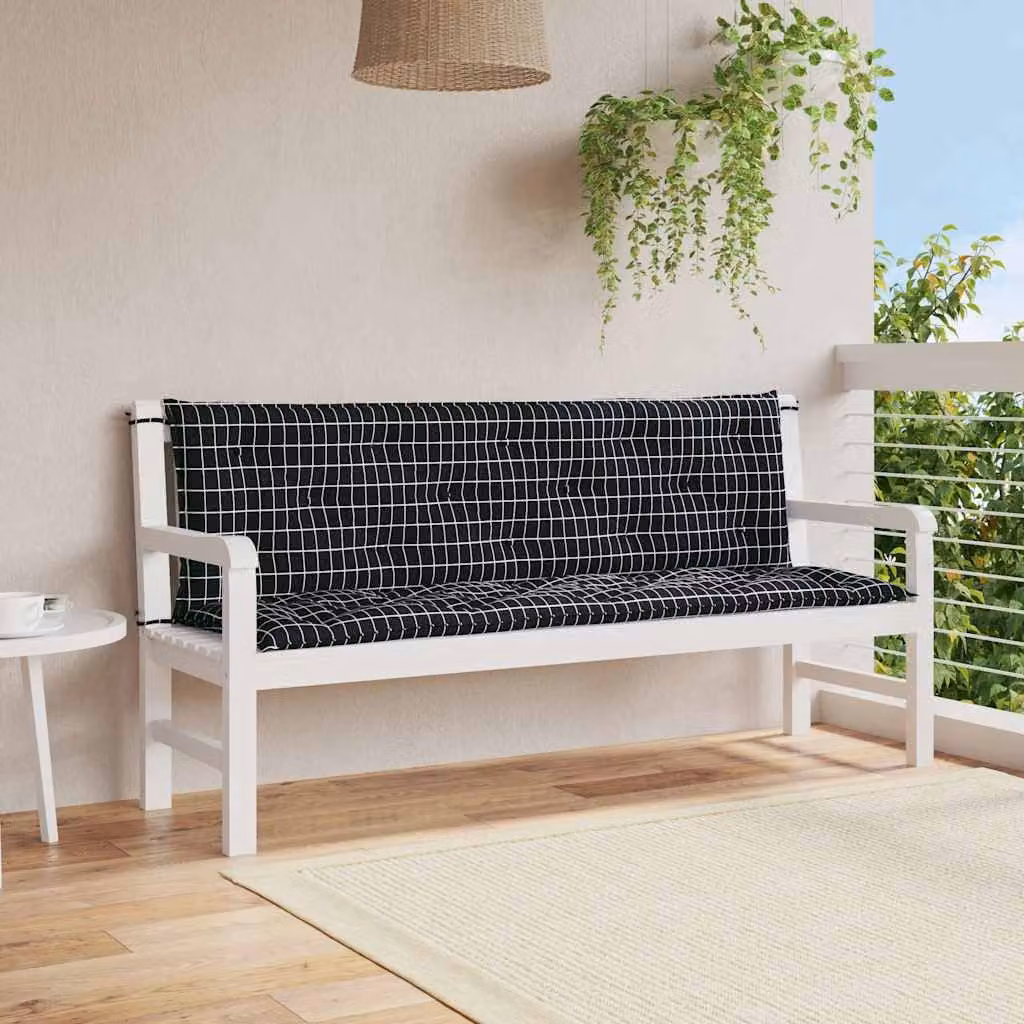Set di 2 cuscini per panca da giardino vidaXL a quadri nero e multicolore, idrorepellenti e resistenti ai raggi UV, L 150 x P 50 x H 7 cm