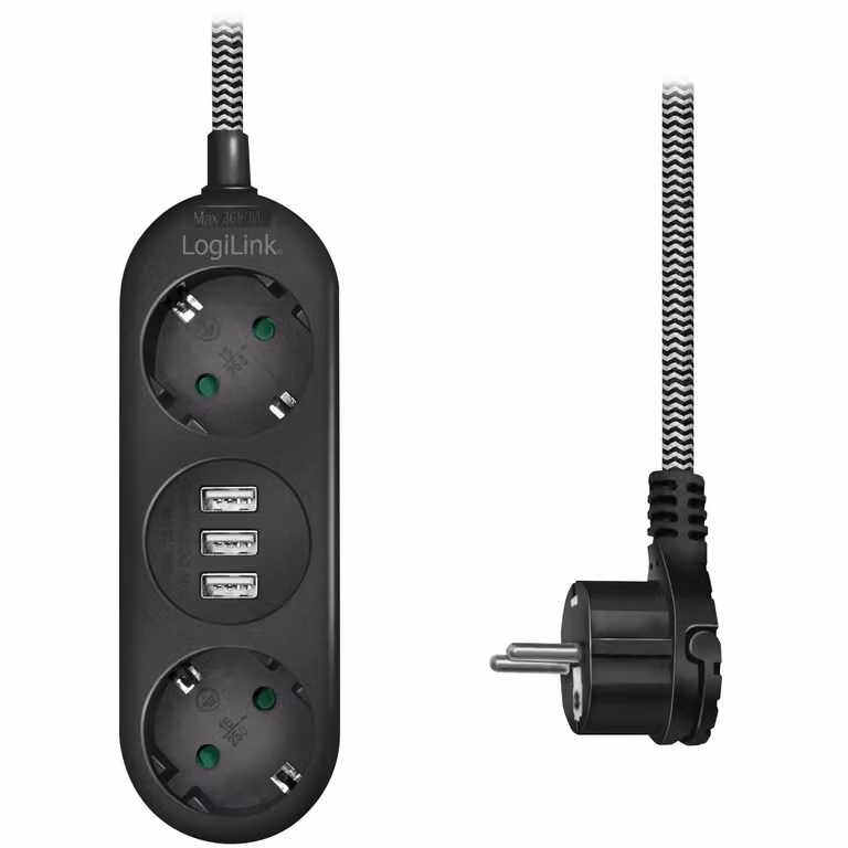 LogiLink - Cavo di prolunga - Corrente alternata 250 V - 3680 watt - Connessioni di uscita: 2 (3 x USB tipo A, 2 x CEE 7/3) -
