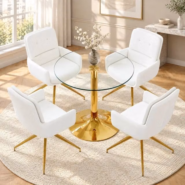 Set tavolo rotondo in vetro e sedie girevoli bianco oro