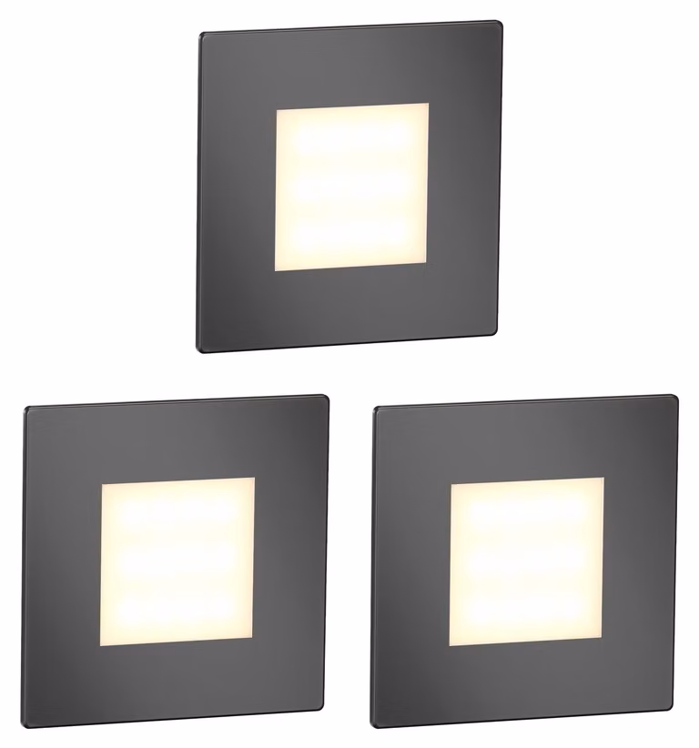 Lampada a LED per scale, modello FEX, set da 3, forma quadrata, colore antracite, dimensioni 85x85 mm, luce bianco caldo