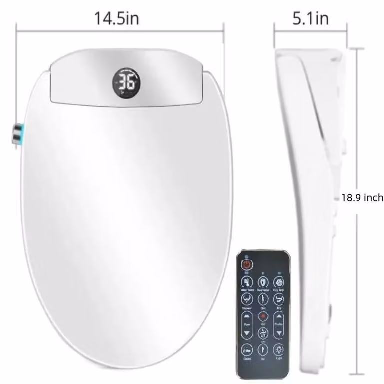 Sedile per bidet intelligente - Design aperto, 48 cm - Apertura automatica del coperchio - Acqua calda istantanea - Asciugatura ad aria calda - Telecomando - Ugello autopulente
