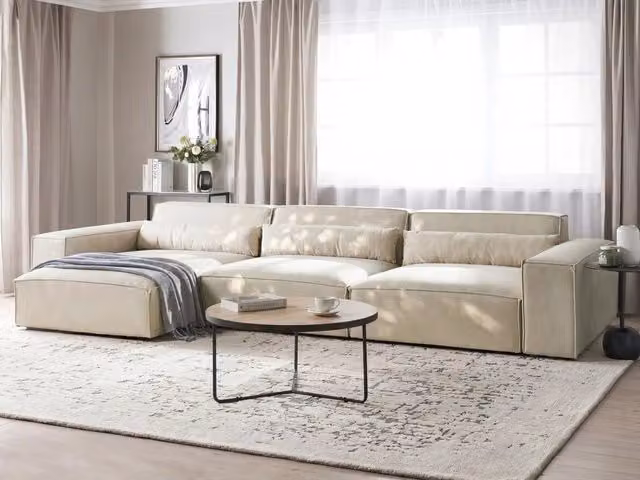Divano angolare modulare a 3 posti a destra Divano componibile in velluto beige con gambe nere Soggiorno moderno