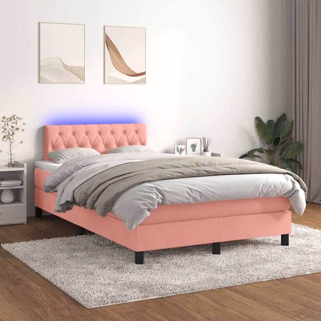 Letto a Molle con Materasso e LED vidaXL in Velluto Rosa e Bianco L/P/H: 120 x 200 cm – 1