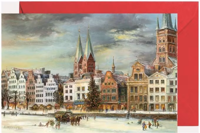 Mini calendario dell'Avvento di Lubecca con la sagoma del centro storico come biglietto di auguri