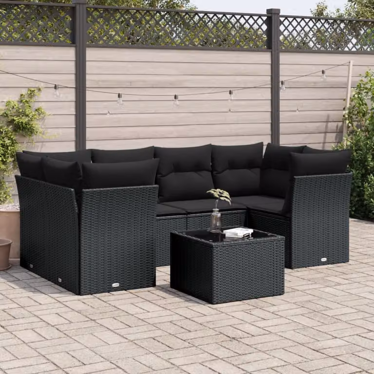 vidaXL Set Divani da Giardino a L con Polyrattan e Cuscini, 7 Pezzi, Nero