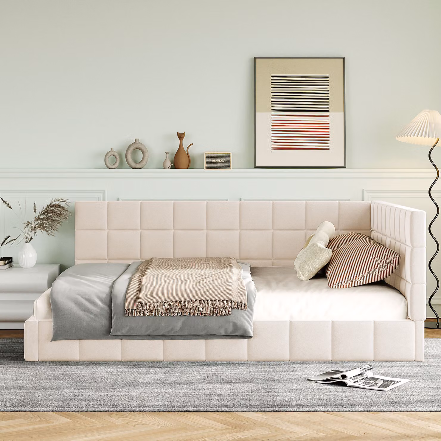 Letto imbottito Okwish 140x200 cm, divano letto matrimoniale con rete a doghe, beige - senza materasso