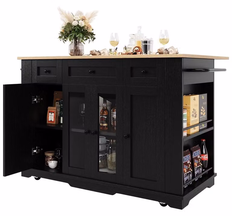 Isola da cucina con piano di lavoro e tavolo pieghevole, finitura effetto legno, colore nero, dimensioni 151,5 x 60 x 91,7 cm