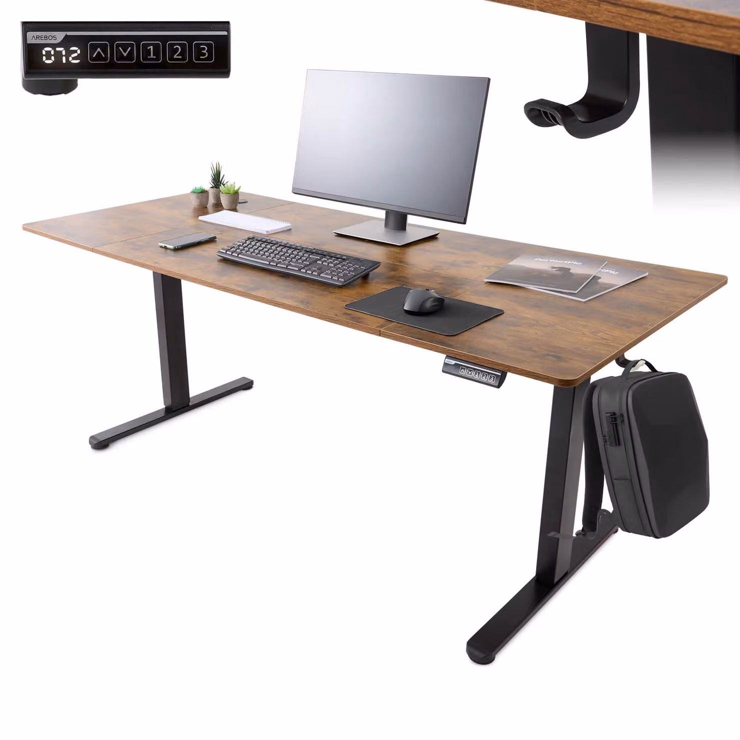 Scrivania AREBOS regolabile elettricamente in altezza 160x80 cm | funzione memoria, marrone