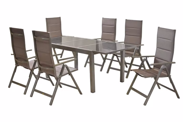 Set di mobili da giardino Merxx Taviano 7 pezzi, 6 sedie pieghevoli, tavolo allungabile 160 (220) x 90 cm - alluminio/tessuto