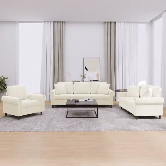 Set di divani 3 pezzi vidaXL in velluto beige con cuscini per soggiorno moderno – 1