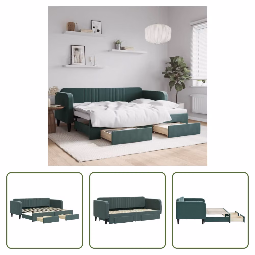 The Living Store Letto da giorno allungabile con cassetti Verde scuro 80x200 cm in velluto