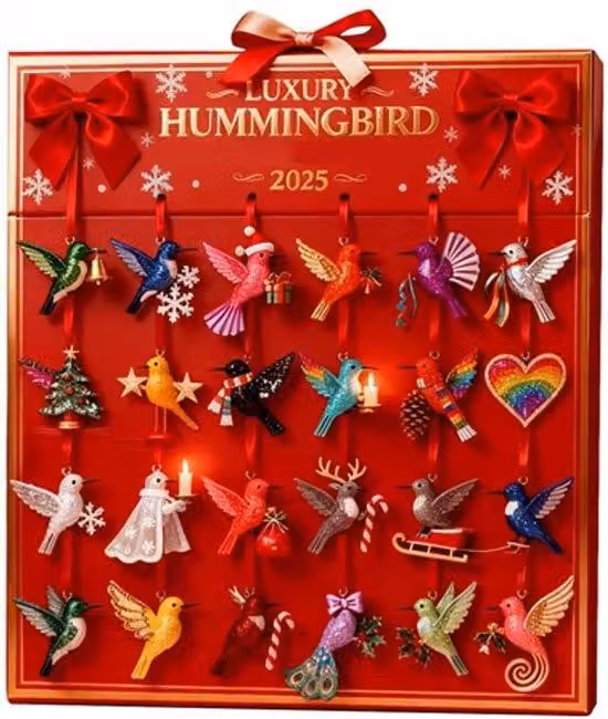Calendario dell'Avvento di 24 giorni con design in 2D - Ornamento di colibrì in acrilico - Ideale per la decorazione della casa, l'albero di Natale, un regalo per amici e amanti degli uccelli