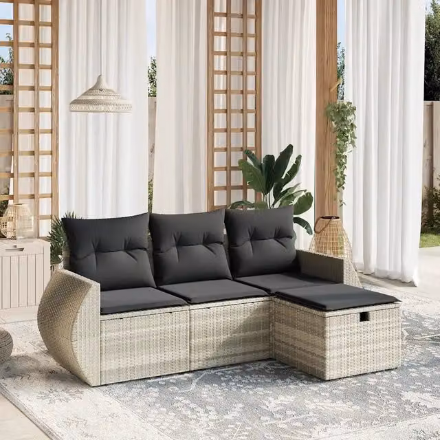 Set Divano da Giardino 4 pz con Cuscini-Sofa da Giardino-Divanetto da esterno Grigio Chiaro Polyrattan 356677